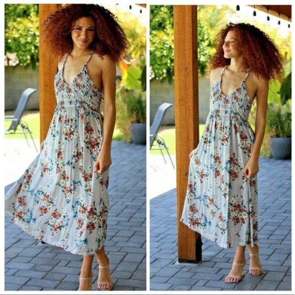 Light Blue Open Back Floral Maxi Midi Boho Dress - Picture 2 of 4
